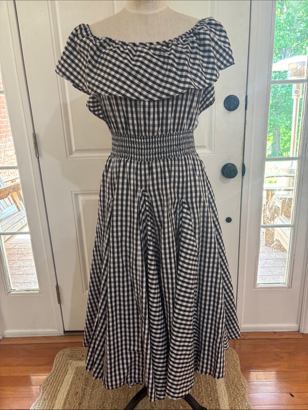 Ladies Chelsea & Theodore Black and White Gingham Off-Shoulder Midi Dress M